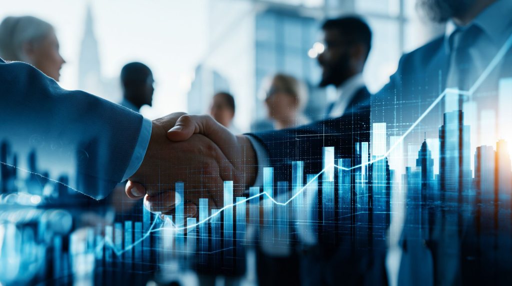 Business handshake in front of a rising market chart