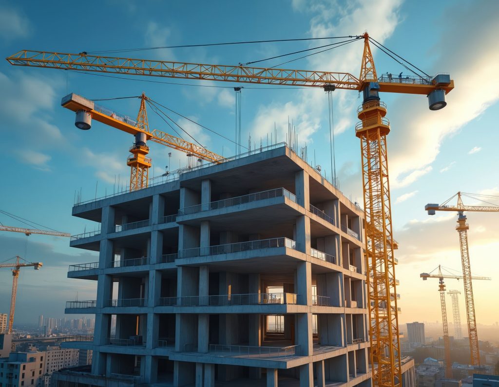 Construction cranes above a partly built tower