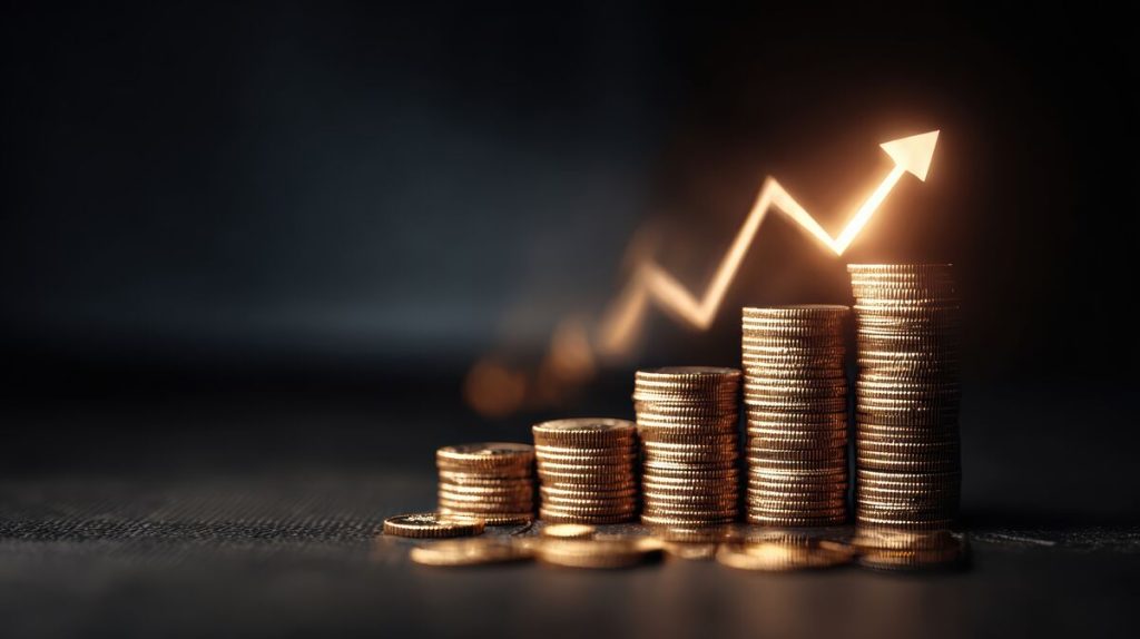 Stacks of coins with a rising arrow